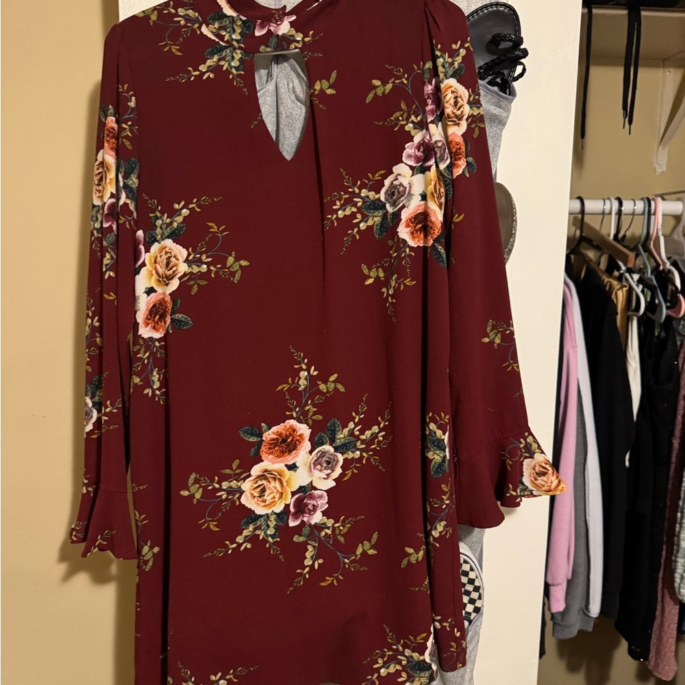 JODIFL Burgundy Floral Dress with Bell Sleeves